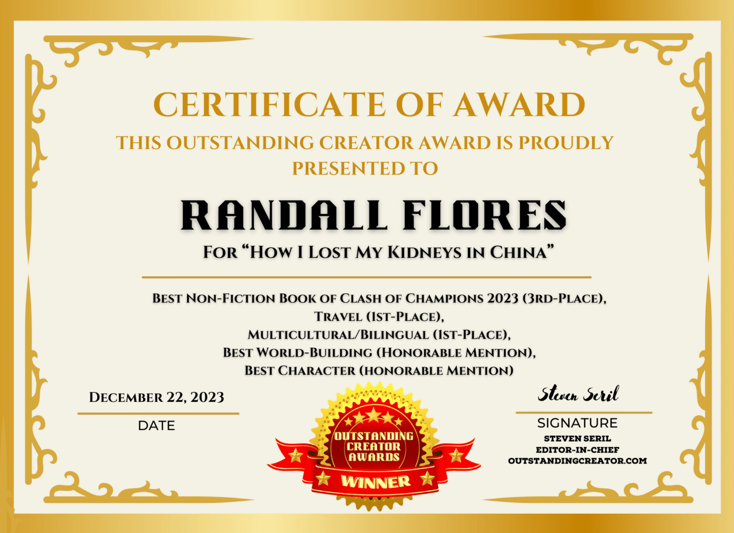 Randall Flores Award Certificate